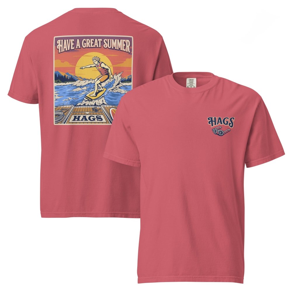 Front and back views of faded red HAGS mens wakesurf T-shirt, showing small HAGS chest logo and a wakesurfer riding in front of a sunset.