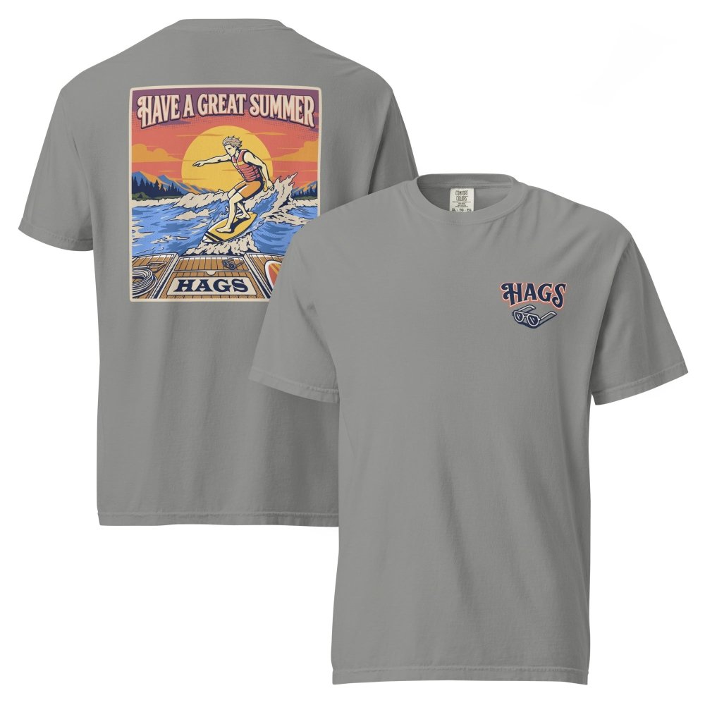Front and back views of gray HAGS mens wakesurf T-shirt, showing small HAGS chest logo and a wakesurfer riding in front of a sunset.