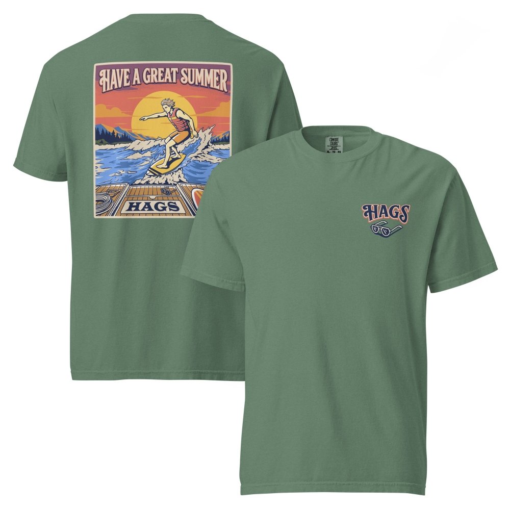 Front and back views of green HAGS mens wakesurf T-shirt, showing small HAGS chest logo and a wakesurfer riding in front of a sunset.