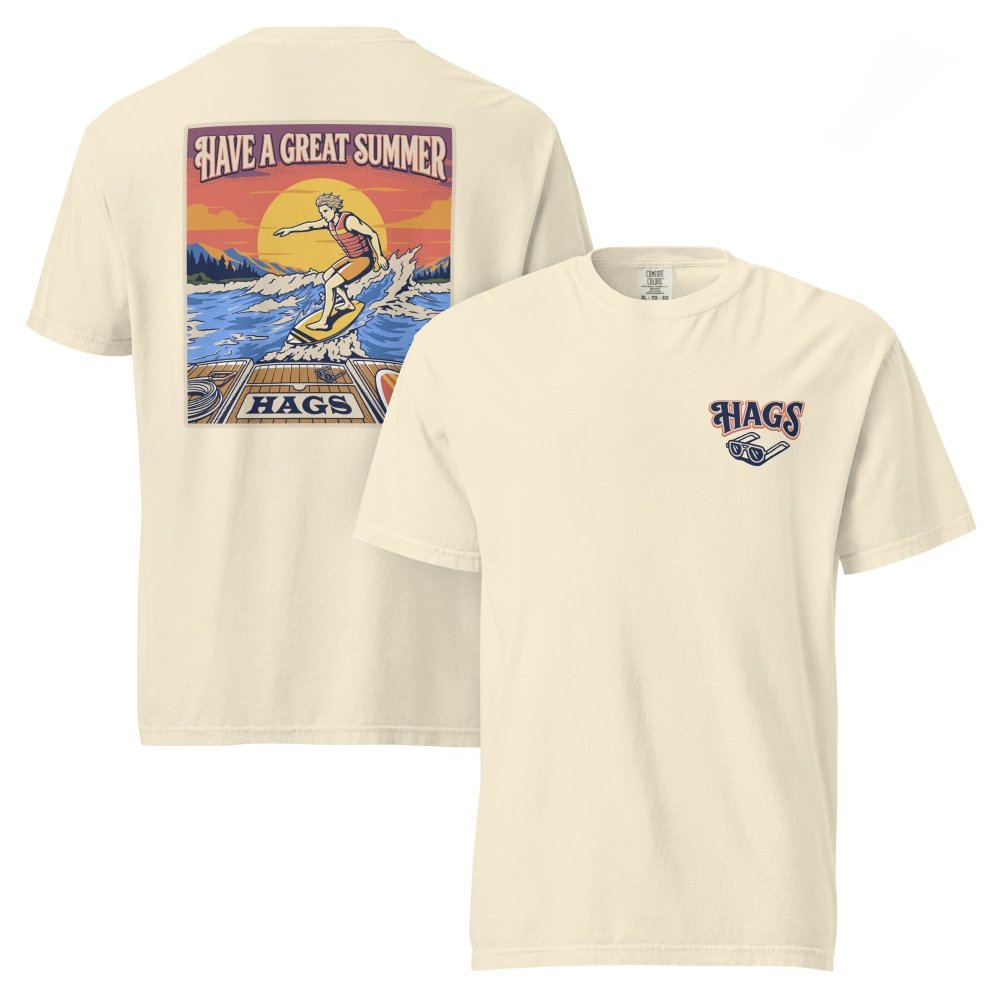 Front and back views of ivory HAGS mens wakesurf T-shirt, showing small HAGS chest logo and a wakesurfer riding in front of a sunset.