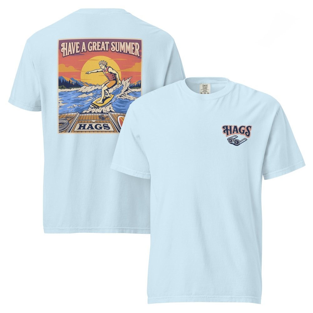 Front and back views of light blue HAGS mens wakesurf T-shirt, showing small HAGS chest logo and a wakesurfer riding in front of a sunset.