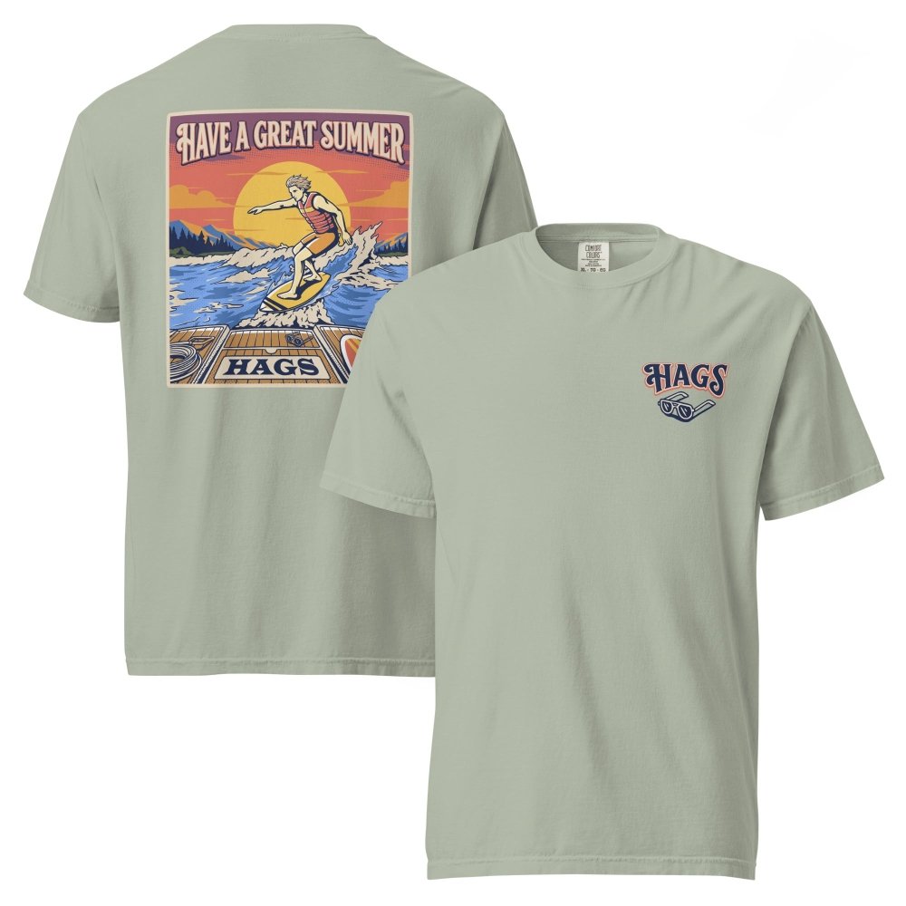 Front and back views of sage green HAGS mens wakesurf T-shirt, showing small HAGS chest logo and a wakesurfer riding in front of a sunset.