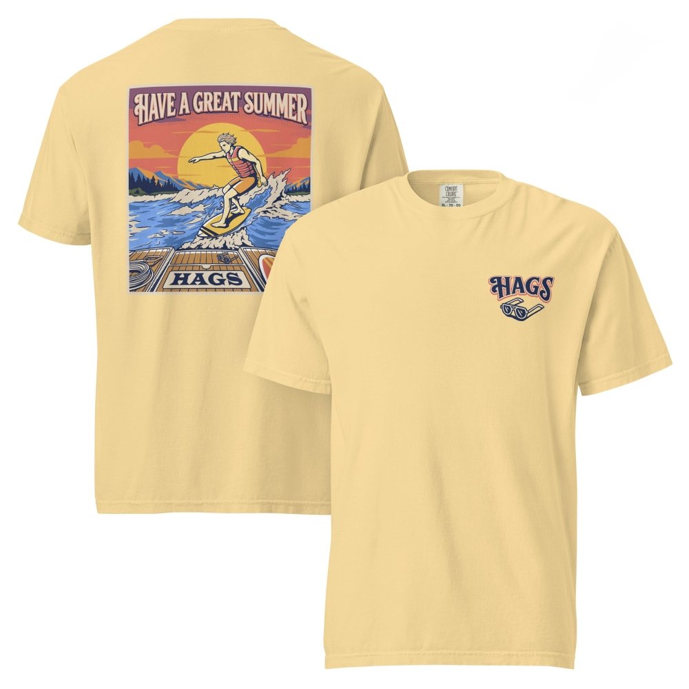 Front and back views of yellow HAGS mens wakesurf T-shirt, showing small HAGS chest logo and a wakesurfer riding in front of a sunset.