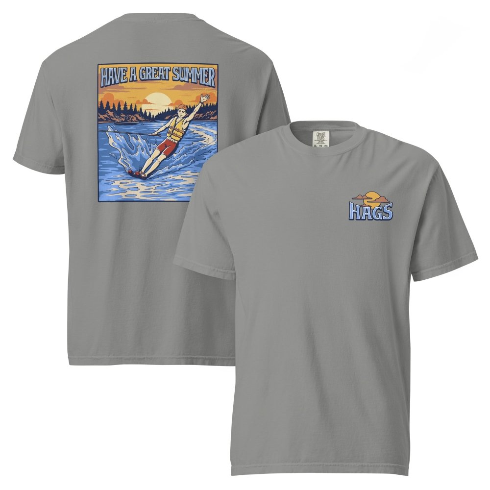 Front and back views of gray HAGS mens waterskiing T-shirt, showing small HAGS chest graphic and a waterskier and sunset graphic.