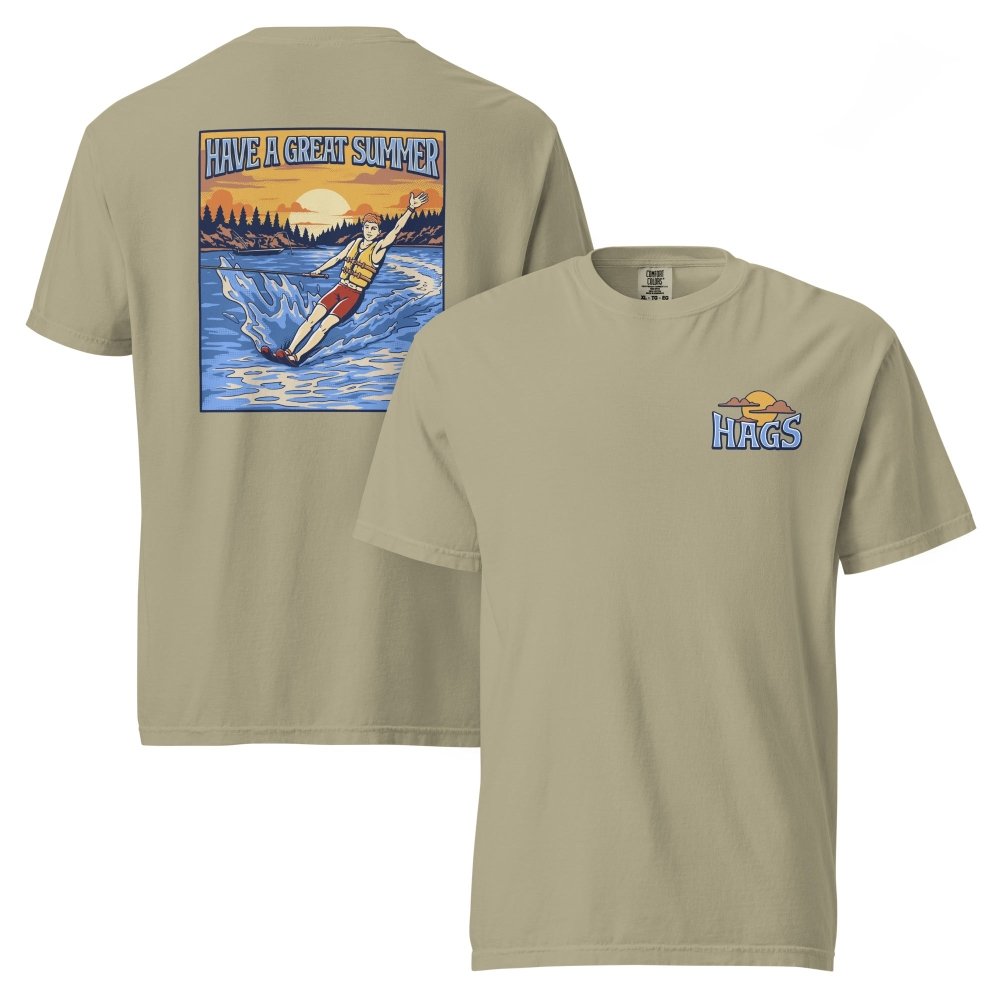 Front and back views of olive HAGS mens waterskiing T-shirt, showing small HAGS chest graphic and a waterskier and sunset graphic.