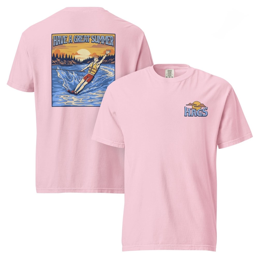 Front and back views of pink HAGS mens waterskiing T-shirt, showing small HAGS chest graphic and a waterskier and sunset graphic.