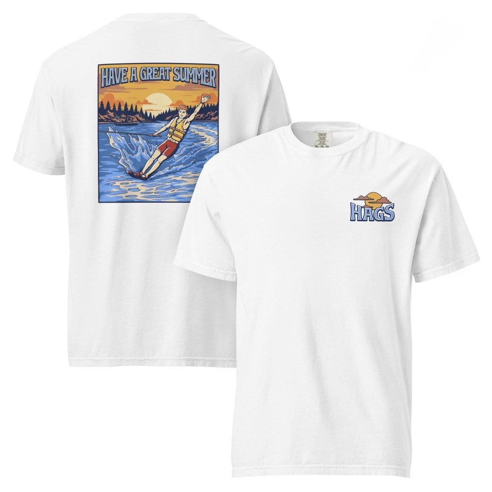 Front and back views of white HAGS mens waterskiing T-shirt, showing small HAGS chest graphic and a waterskier and sunset graphic.