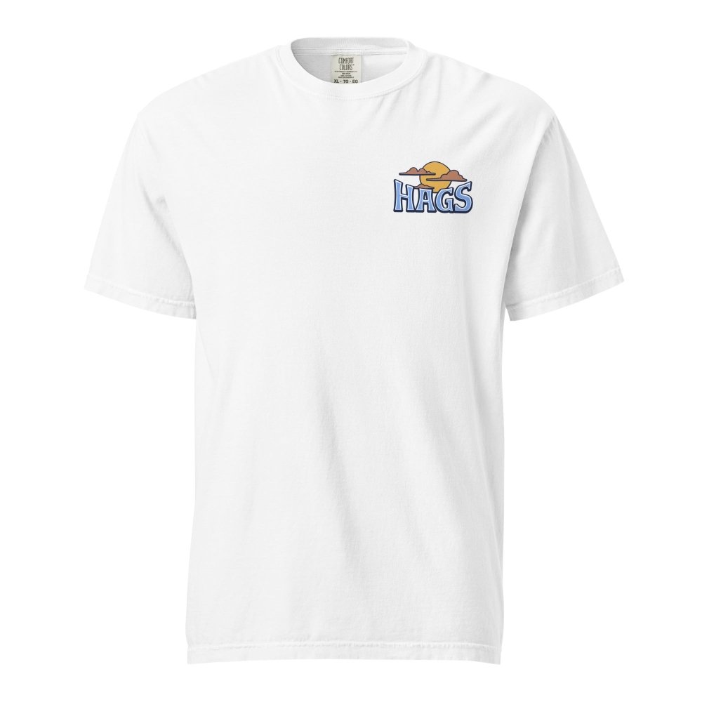 Front view of white HAGS mens waterskiing T-shirt, showing small HAGS chest graphic.