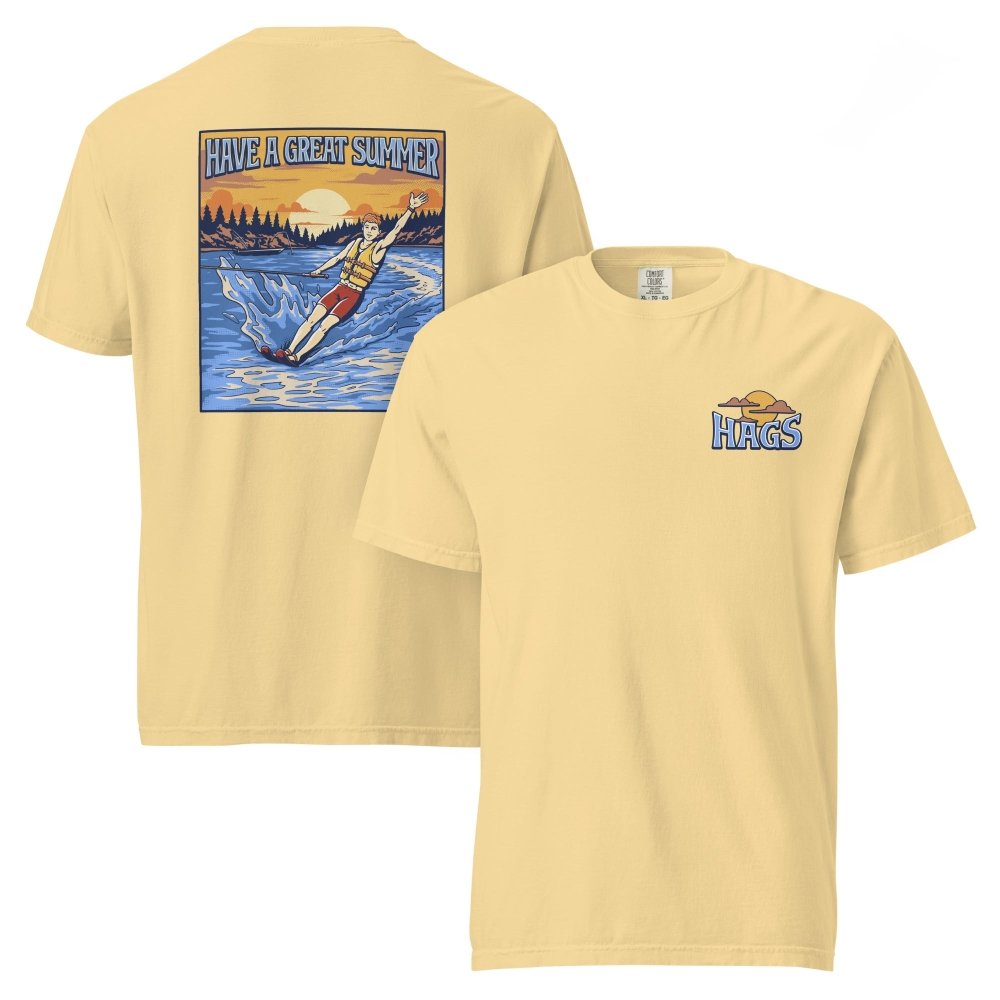 Front and back views of yellow HAGS mens waterskiing T-shirt, showing small HAGS chest graphic and a waterskier and sunset graphic.