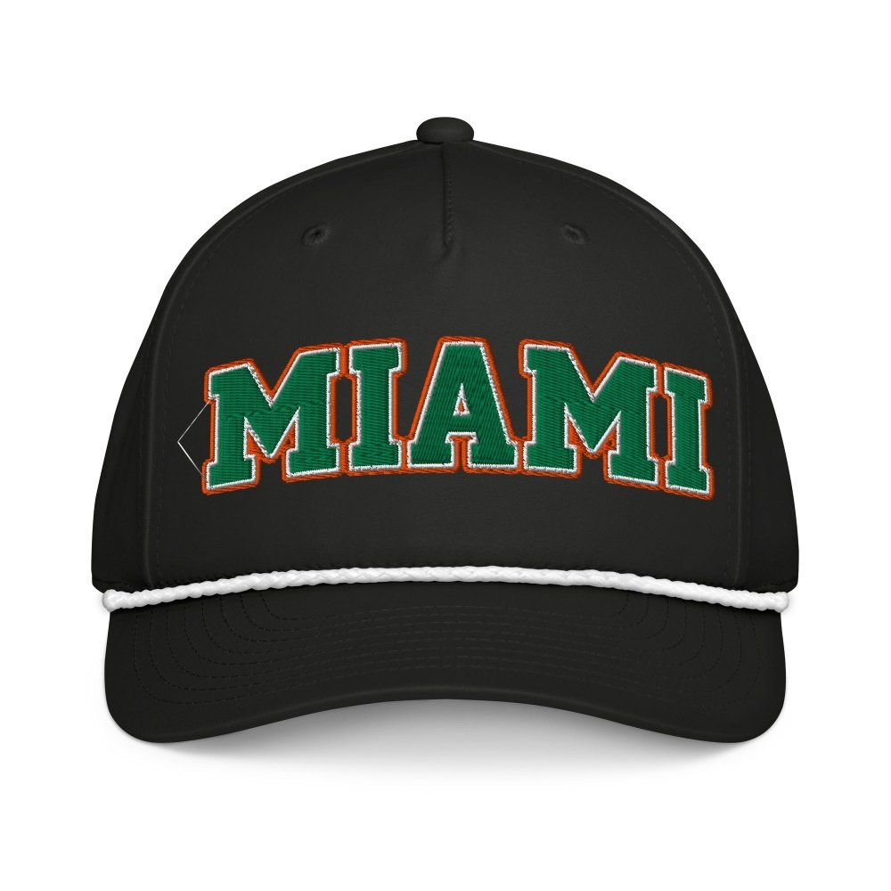 Front view of black HAGS Miami Florida green-letter rope hat, showing green and orange MIAMI lettering.