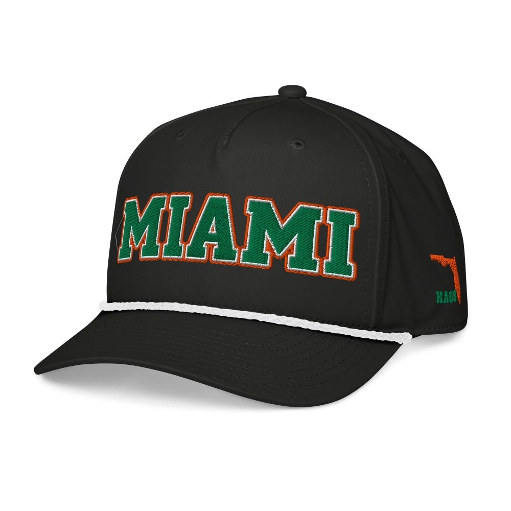 Angled front view of black HAGS Miami Florida green-letter rope hat, showing green and orange MIAMI lettering.