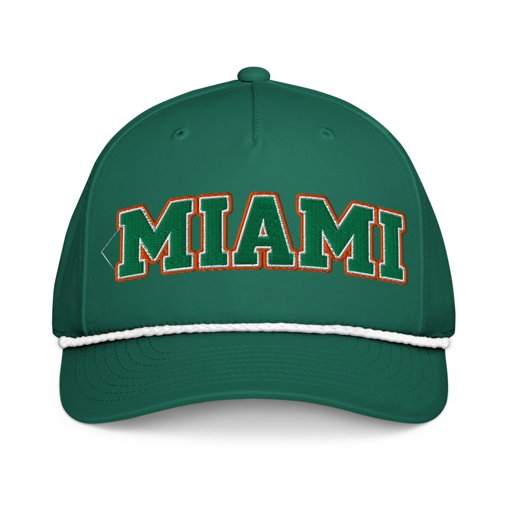 Front view of green HAGS Miami Florida green-letter rope hat, showing green and orange MIAMI lettering.