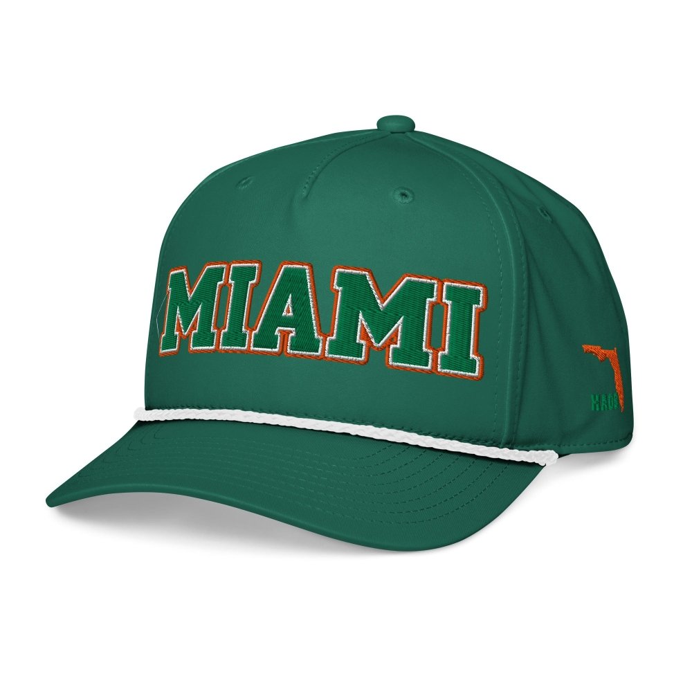 Angled front view of green HAGS Miami Florida green-letter rope hat, showing green and orange MIAMI lettering.