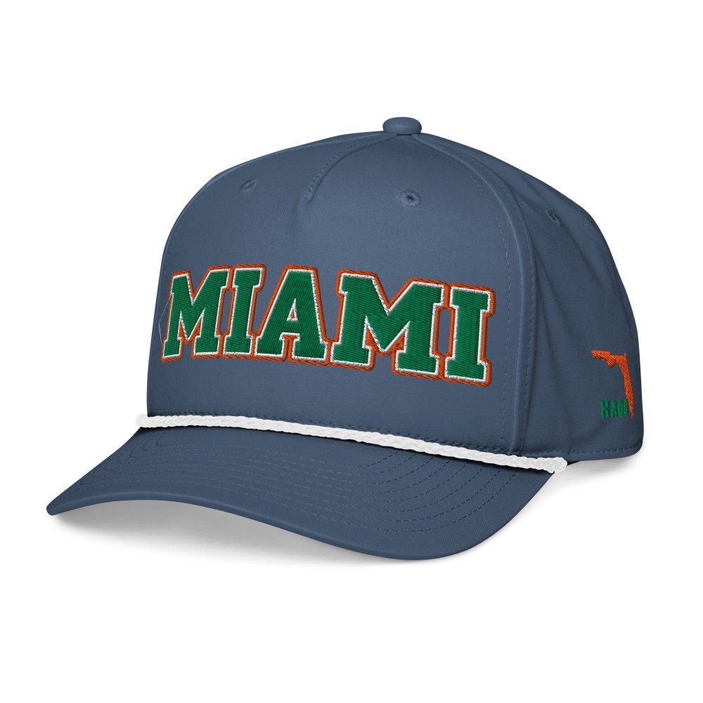 Angled front view of navy HAGS Miami Florida green-letter rope hat, showing green and orange MIAMI lettering.