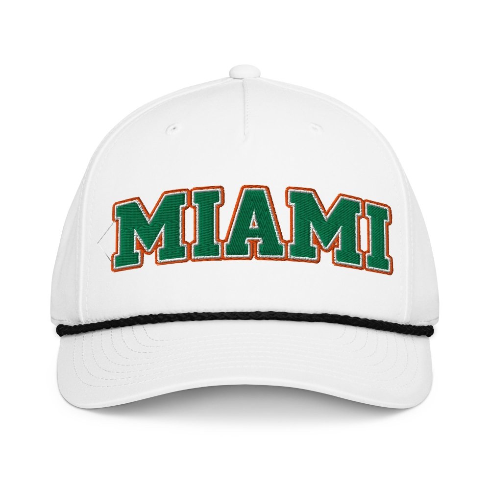 Front view of white HAGS Miami Florida green-letter rope hat, showing green and orange MIAMI lettering.