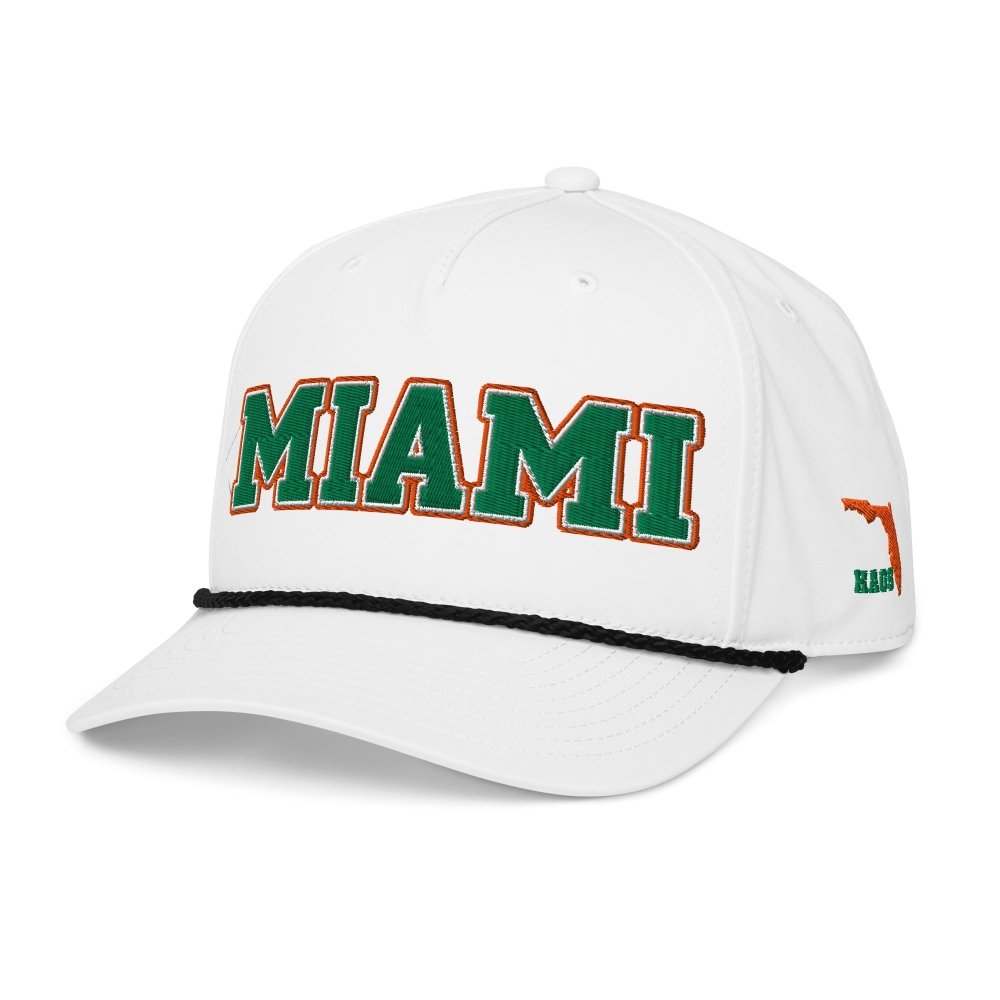 Angled front view of white HAGS Miami Florida green-letter rope hat, showing green and orange MIAMI lettering.