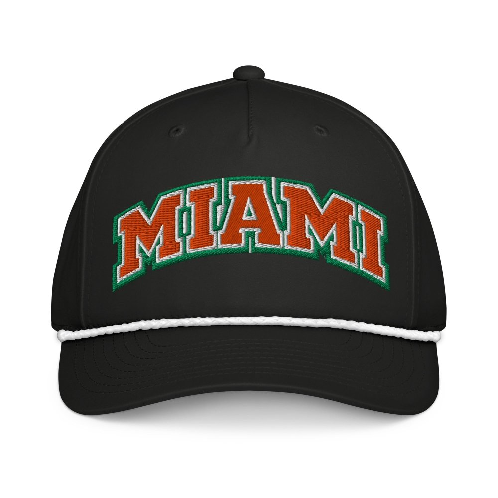 Front view of black HAGS Miami rope hat, showing orange and green MIAMI lettering.
