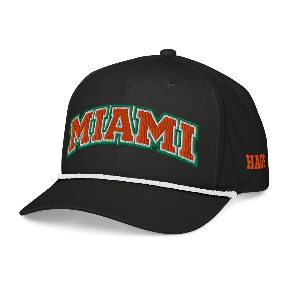 Angled front view of black HAGS Miami rope hat, showing orange and green MIAMI lettering.