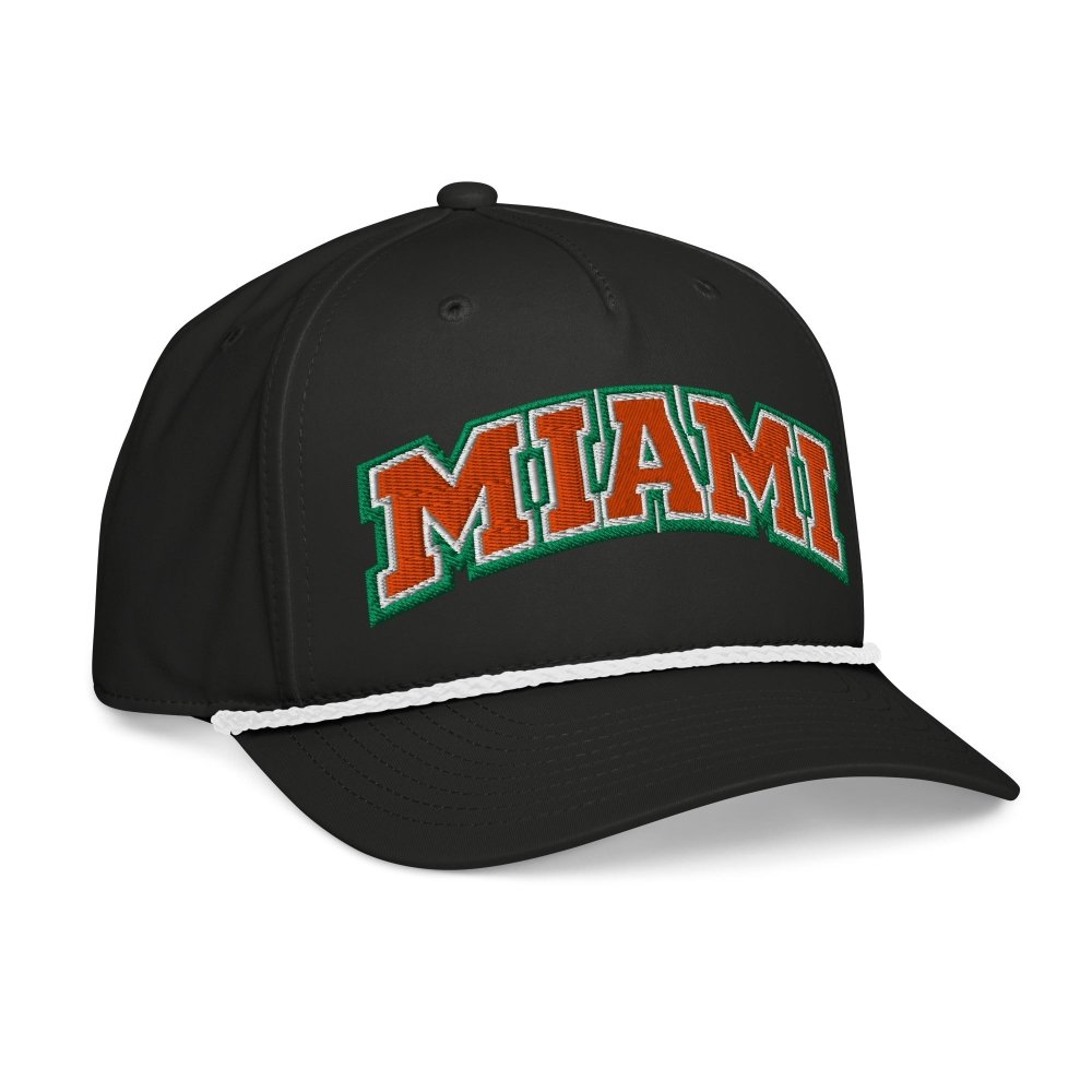 Opposite angled front view of black HAGS Miami rope hat, showing orange and green MIAMI lettering.