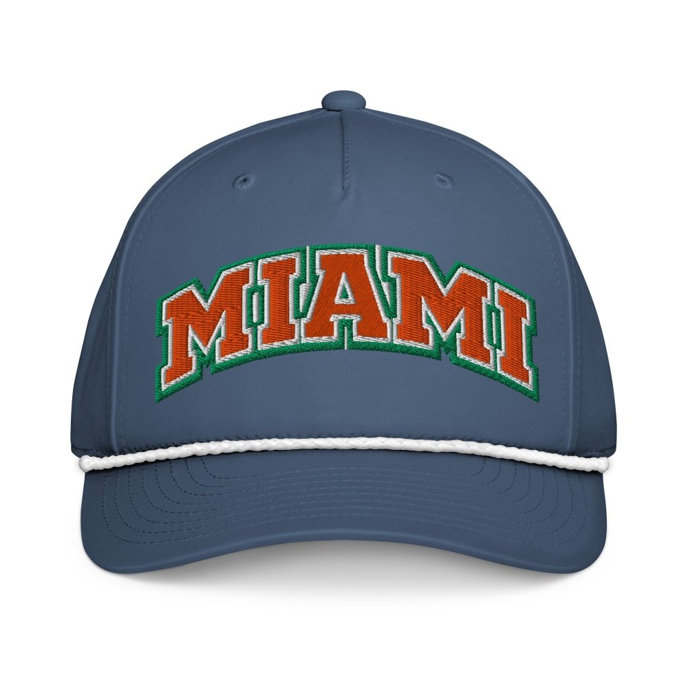 Front view of navy HAGS Miami rope hat, showing orange and green MIAMI lettering.