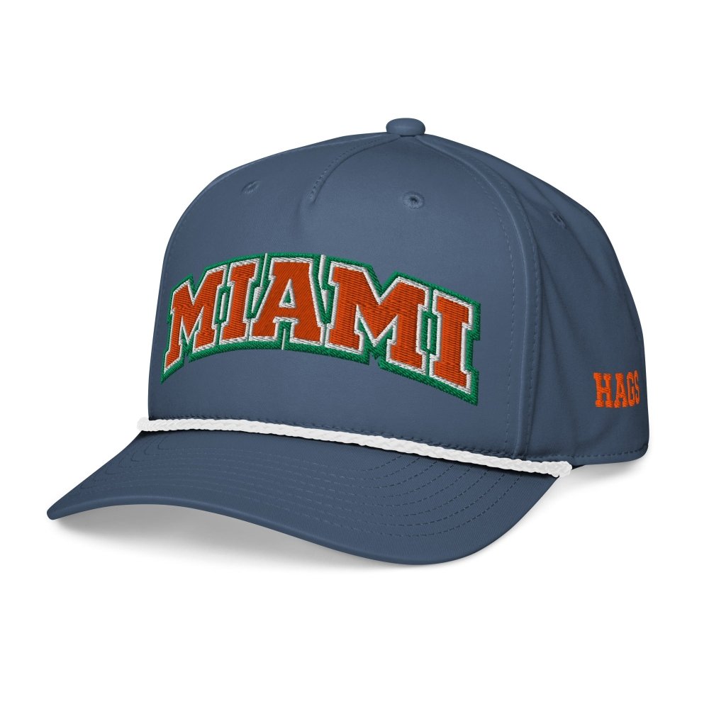 Angled front view of navy HAGS Miami rope hat, showing orange and green MIAMI lettering.