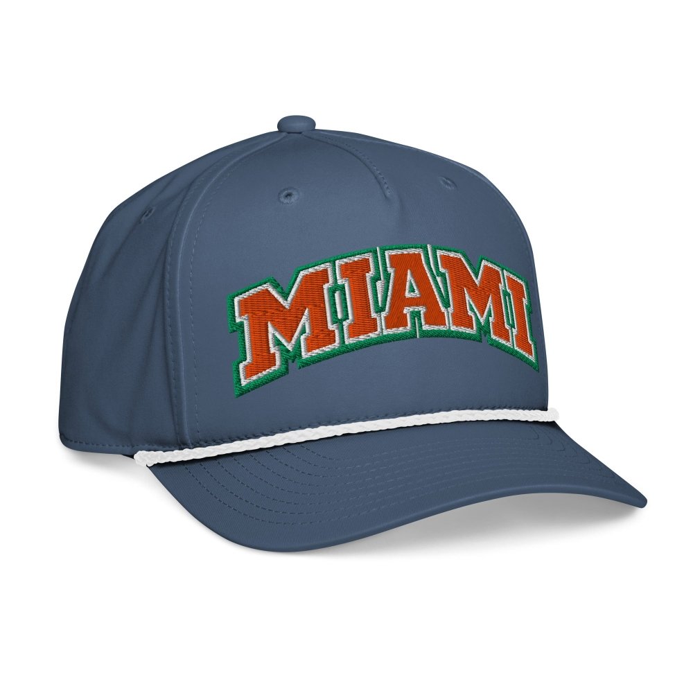 Opposite angled front view of navy HAGS Miami rope hat, showing orange and green MIAMI lettering.