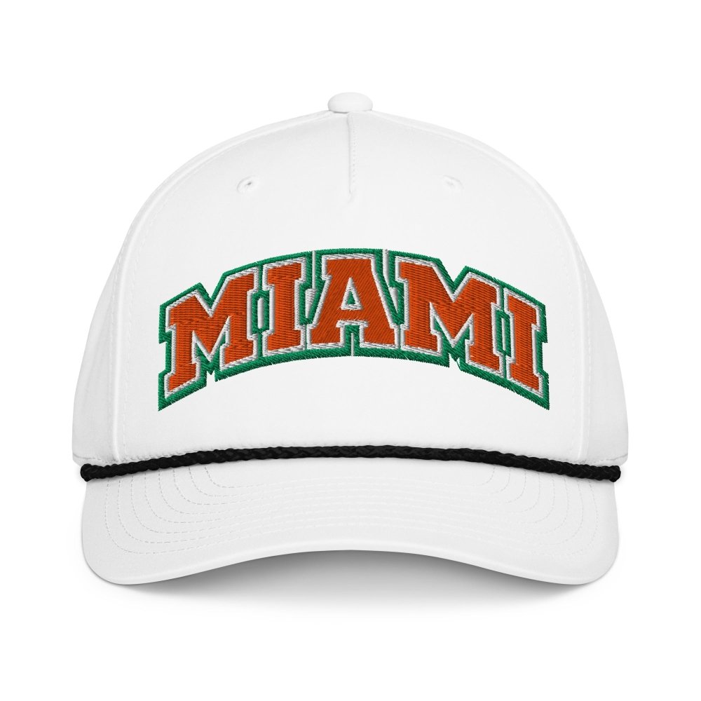 Front view of white HAGS Miami rope hat, showing orange and green MIAMI lettering.