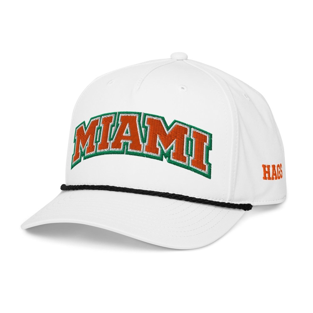 Angled front view of white HAGS Miami rope hat, showing orange and green MIAMI lettering.