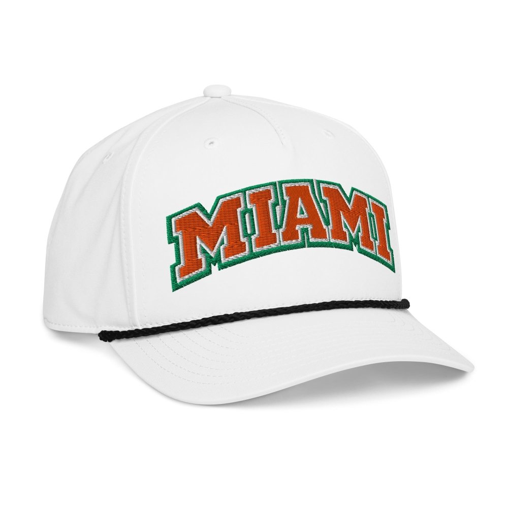 Opposite angled front view of white HAGS Miami rope hat, showing orange and green MIAMI lettering.