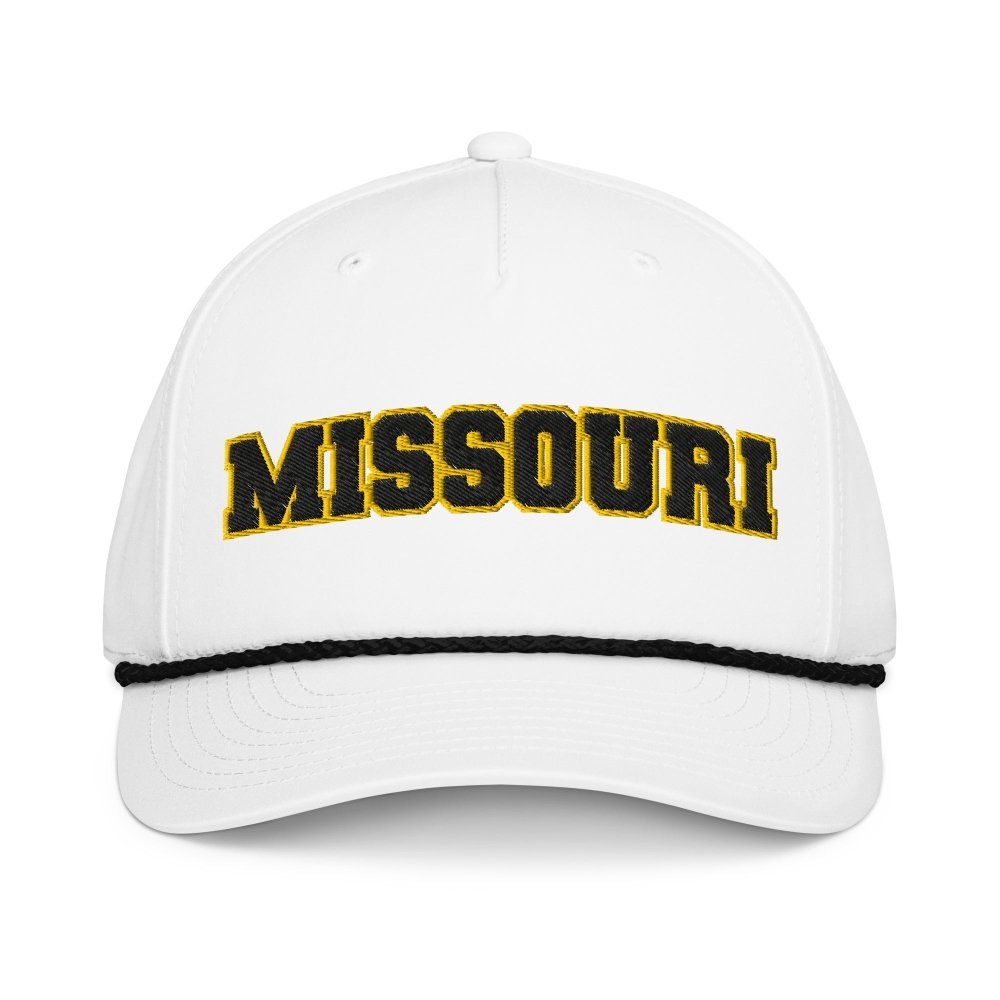 Front view of white HAGS Missouri collegiate rope hat, showing black and gold MISSOURI lettering and black rope.