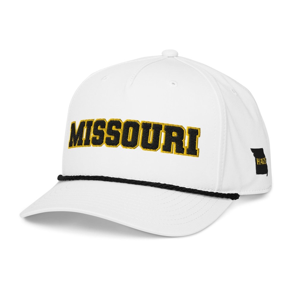 Angled front view of white HAGS Missouri collegiate rope hat, showing black and gold MISSOURI lettering and black rope.