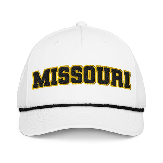Front view of white HAGS Missouri puff embroidered rope hat, showing black and gold MISSOURI lettering and black rope.