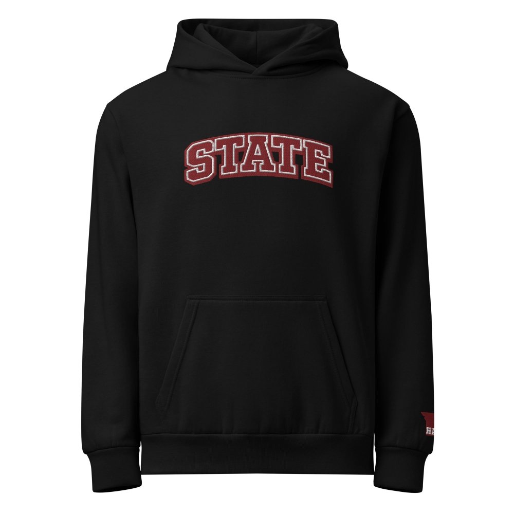 Front view of black HAGS Missouri State embroidered hoodie, showing maroon STATE chest lettering.