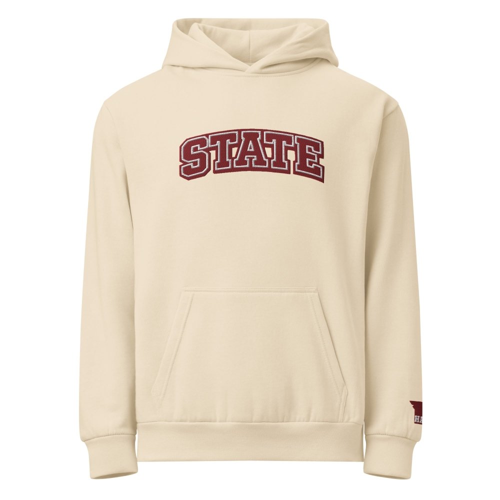 Front view of ivory HAGS Missouri State embroidered hoodie, showing maroon STATE chest lettering.