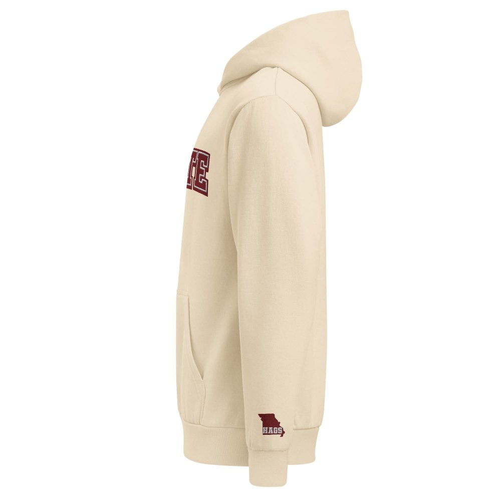 Left-side view of ivory HAGS Missouri State embroidered hoodie.