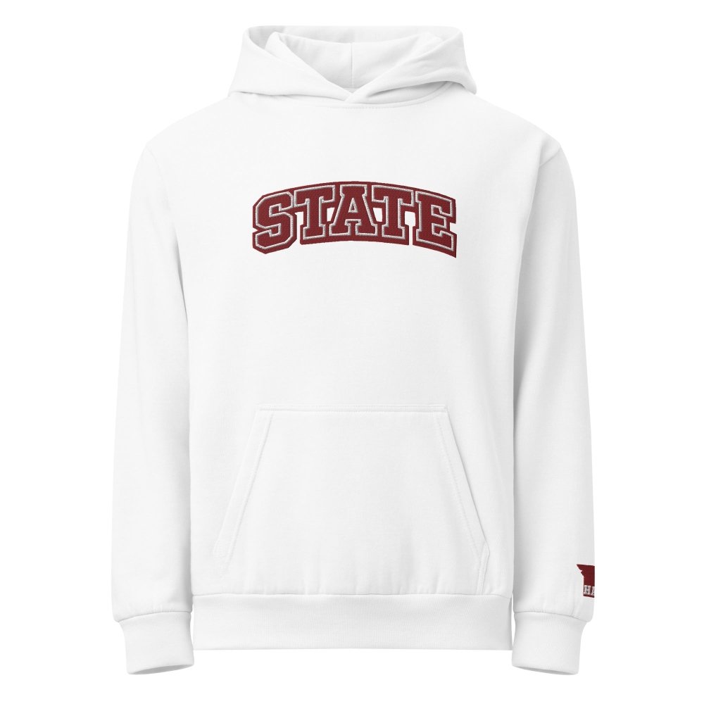 Front view of white HAGS Missouri State embroidered hoodie, showing maroon STATE chest lettering.