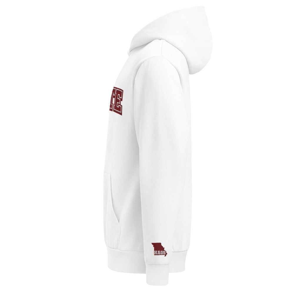 Left-side view of white HAGS Missouri State embroidered hoodie.