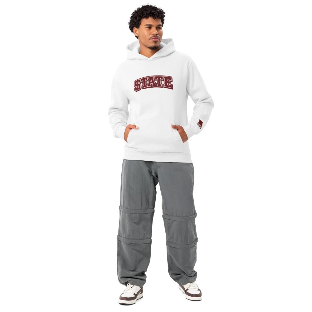 Model wearing a white HAGS Missouri State hoodie with maroon STATE chest lettering.
