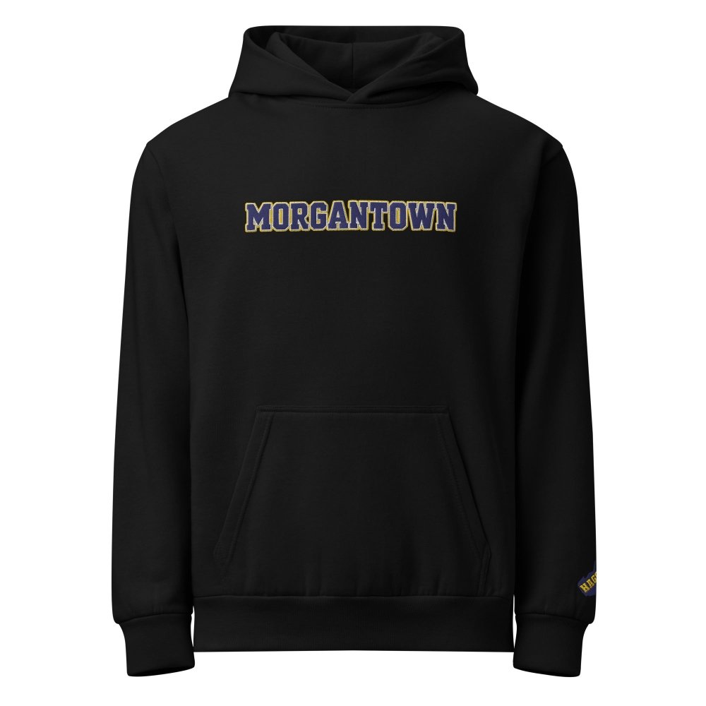 Front view of black HAGS Morgantown West Virginia embroidered hoodie, showing navy MORGANTOWN chest lettering.