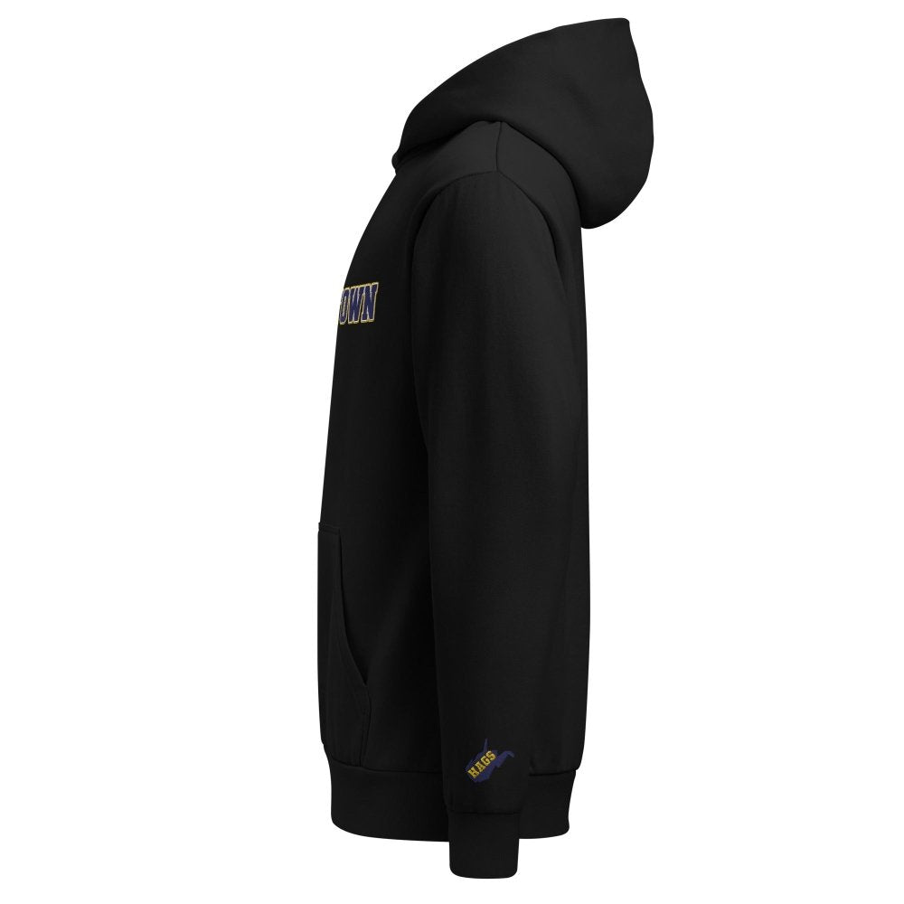 Left-side view of black HAGS Morgantown West Virginia embroidered hoodie.