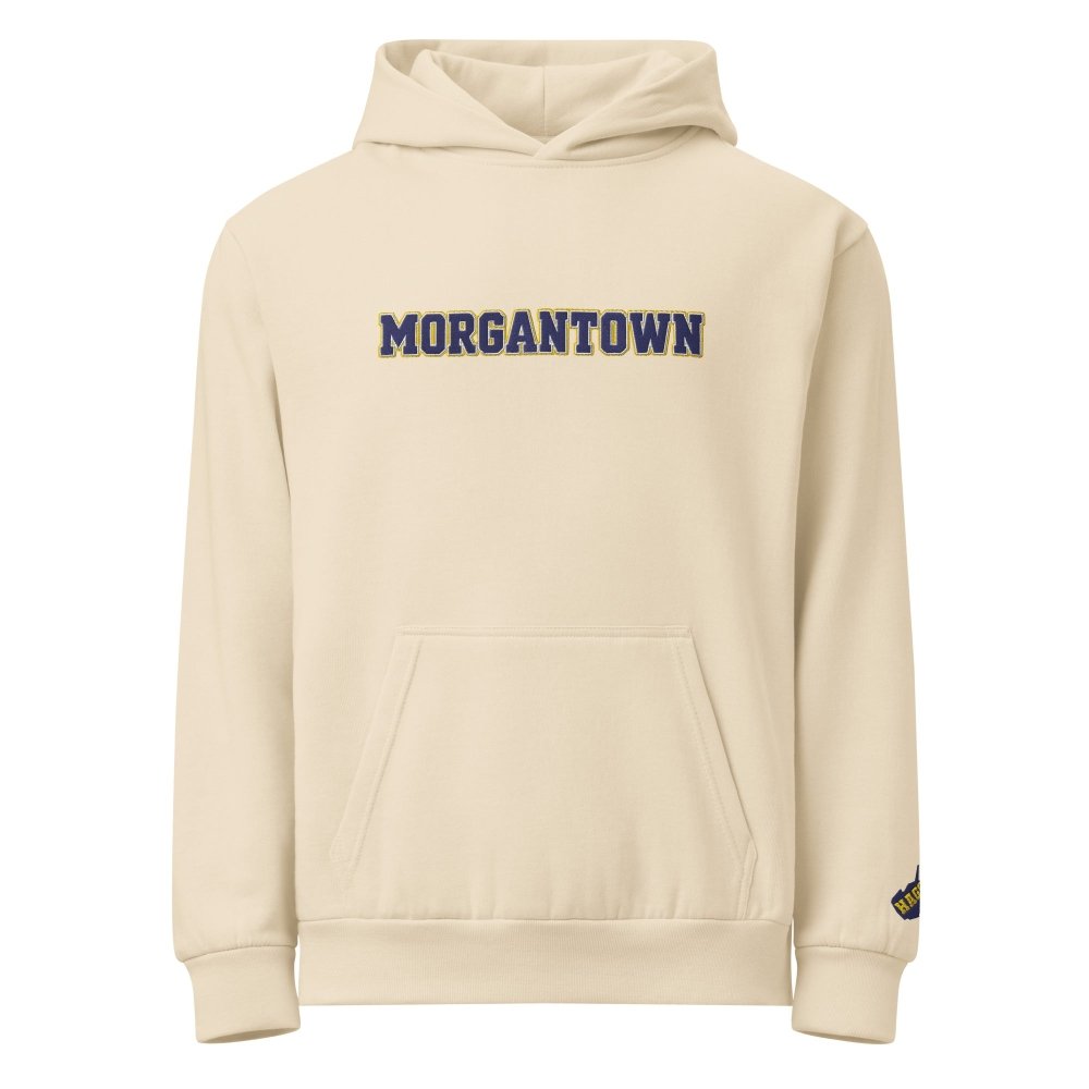Front view of ivory HAGS Morgantown West Virginia embroidered hoodie, showing navy MORGANTOWN chest lettering.