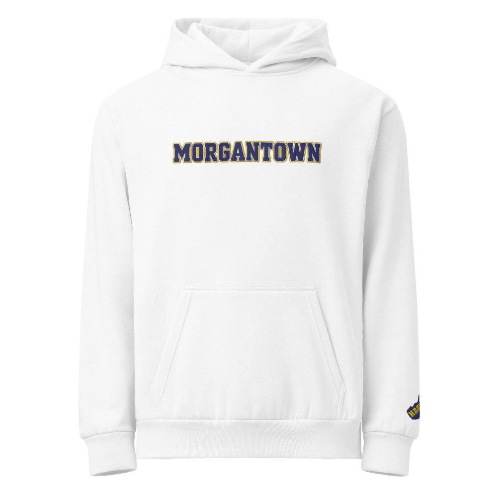 Front view of white HAGS Morgantown West Virginia embroidered hoodie, showing navy MORGANTOWN chest lettering.