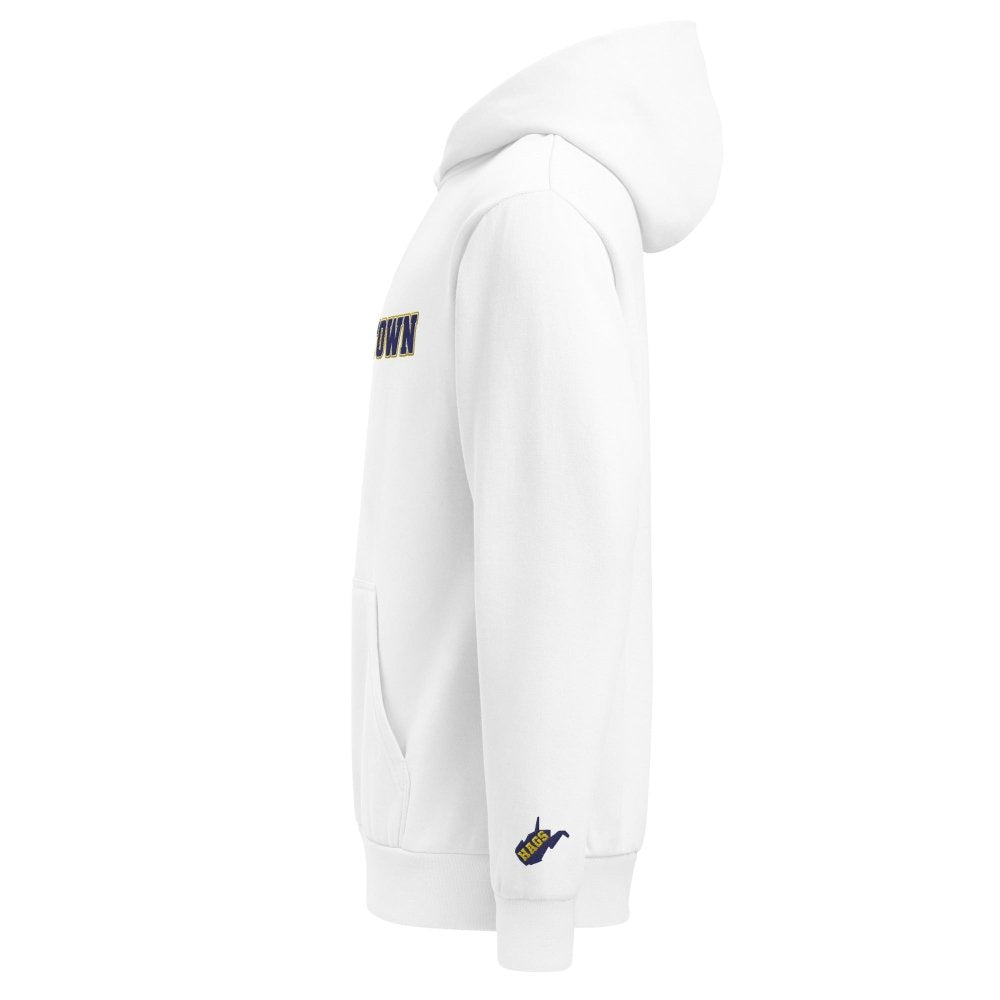 Left-side view of white HAGS Morgantown West Virginia embroidered hoodie.