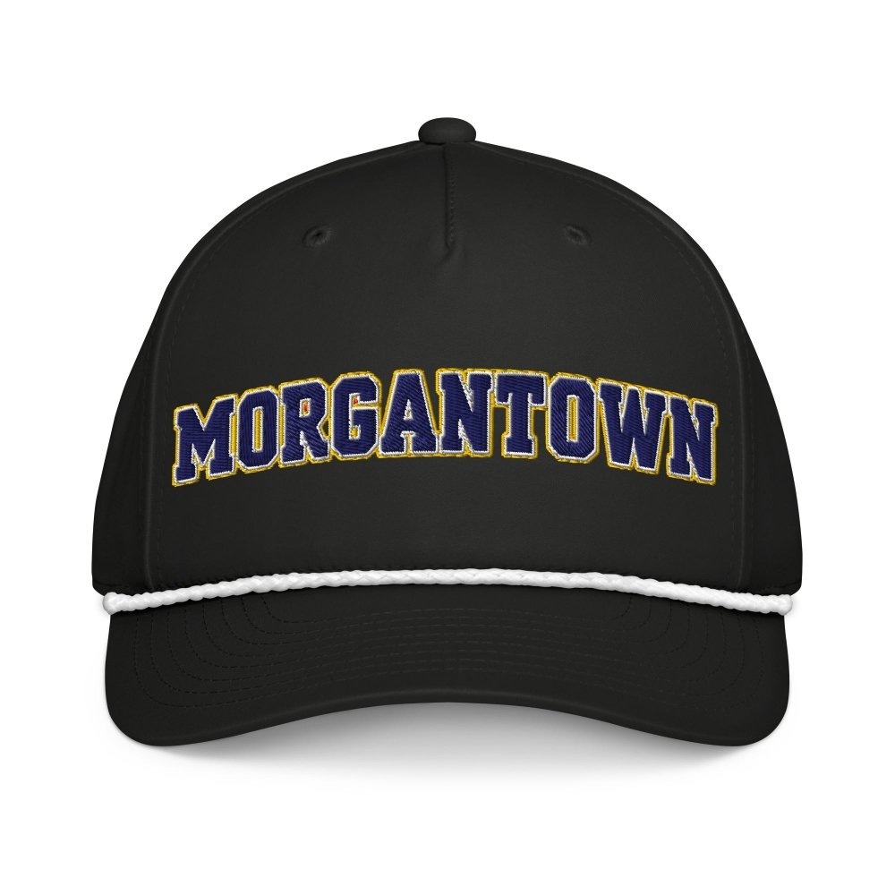 Front view of black HAGS Morgantown West Virginia rope hat, showing navy and gold MORGANTOWN lettering and contrasting rope.