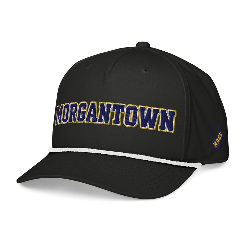 Angled front view of black HAGS Morgantown West Virginia rope hat, showing navy and gold MORGANTOWN lettering and contrasting rope.