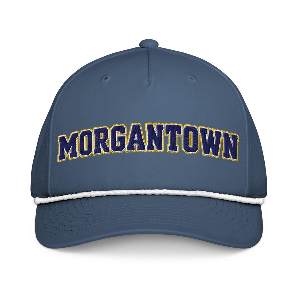 Front view of navy HAGS Morgantown West Virginia rope hat, showing navy and gold MORGANTOWN lettering and contrasting rope.