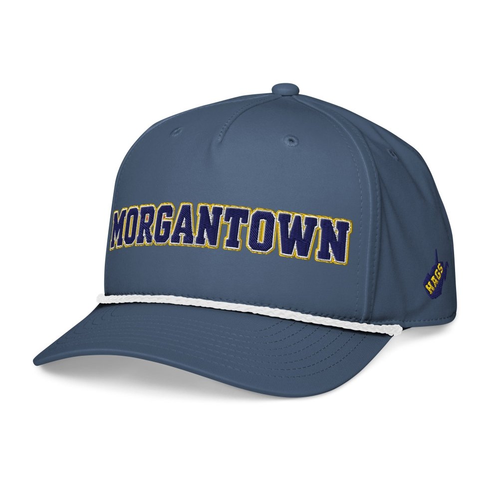 Angled front view of navy HAGS Morgantown West Virginia rope hat, showing navy and gold MORGANTOWN lettering and contrasting rope.
