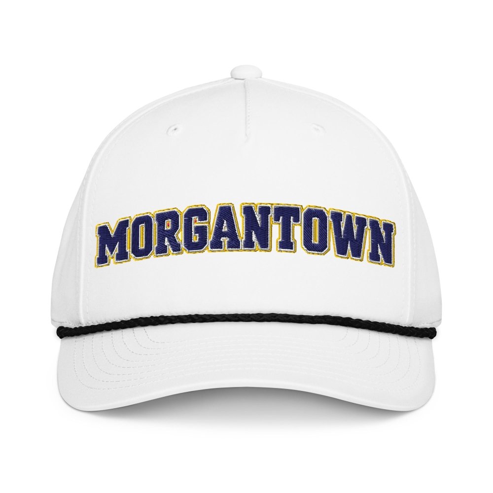 Front view of white HAGS Morgantown West Virginia rope hat, showing navy and gold MORGANTOWN lettering and contrasting rope.