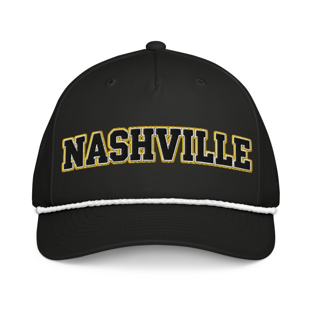 Front view of black HAGS Nashville Tennessee rope hat, showing black and gold NASHVILLE lettering and contrasting rope.
