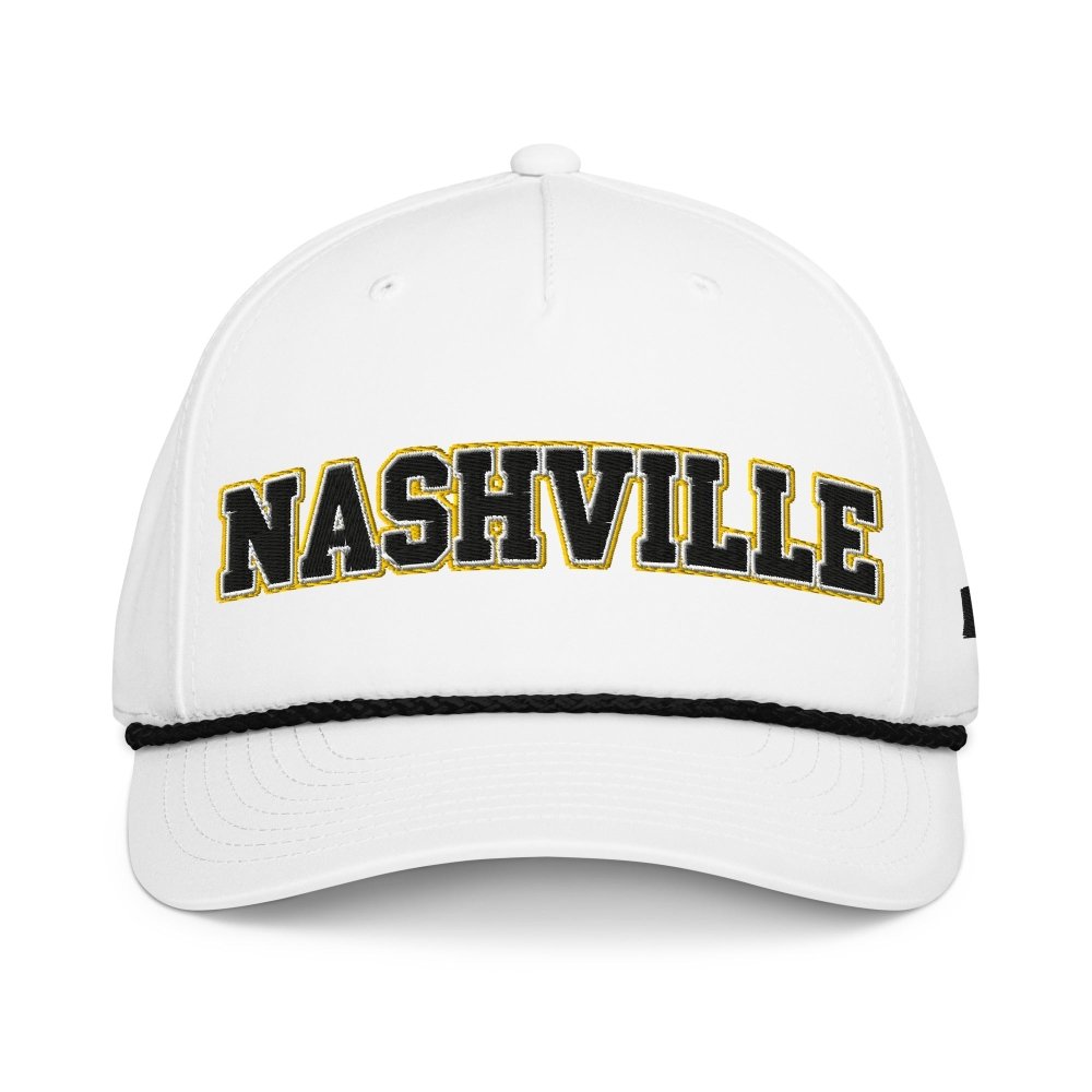 Front view of white HAGS Nashville Tennessee rope hat, showing black and gold NASHVILLE lettering and contrasting rope.